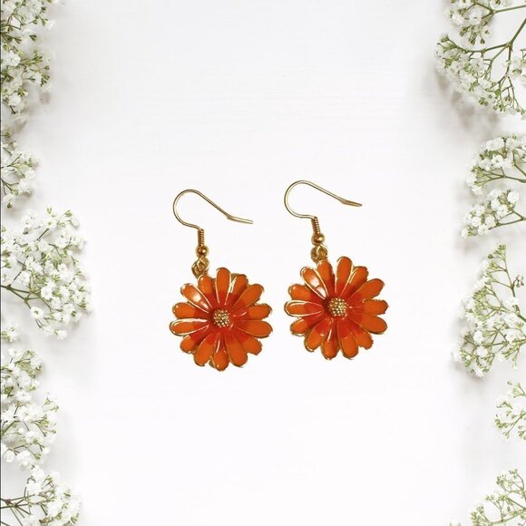 Orange Enamel Daisy Earrings Gold Plated Fish Hook Ear Wires - Picture 3 of 10